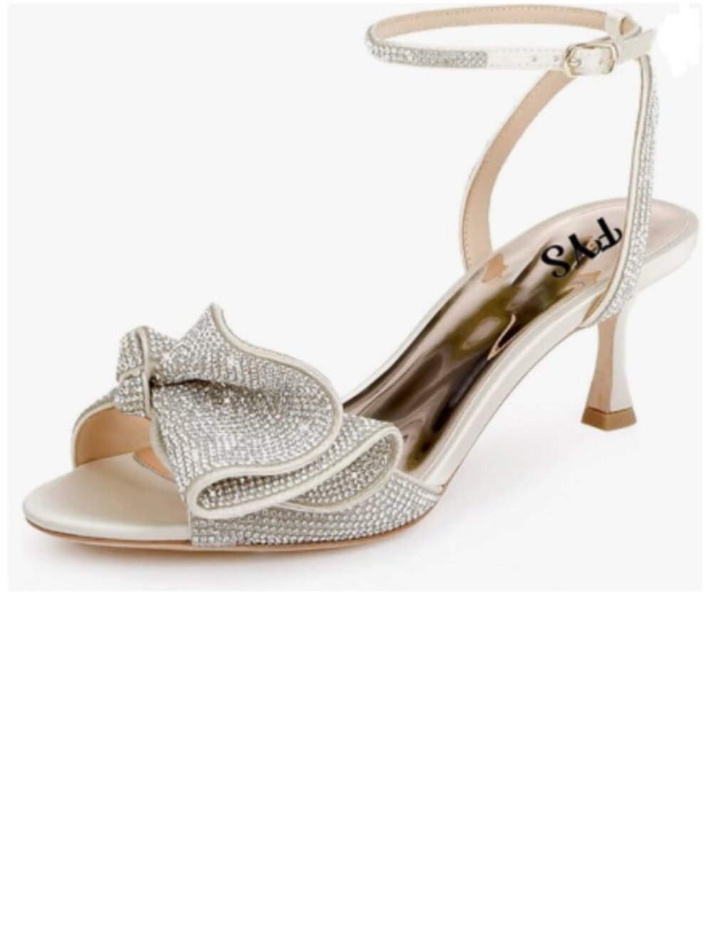 FYS Beige Rhinestones Bow Peep Toe High Heel Ankle Strap Sandal Satin Dress Shoe